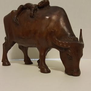WOODEN CARVED OX w/ SLEEPING BOY